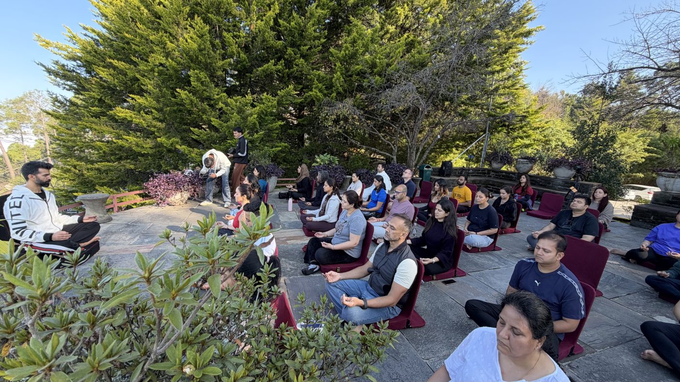 A group in a sound healing session among the trees